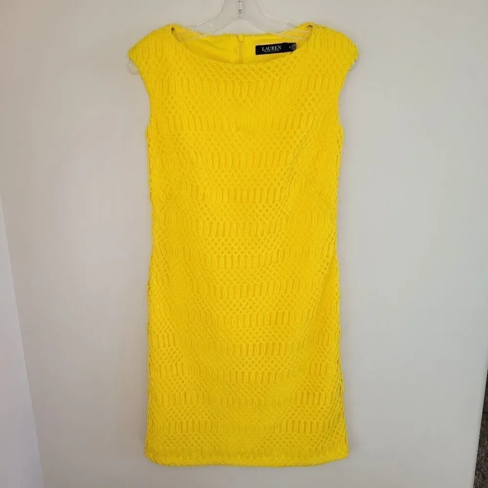 Lauren Ralph Lauren Lemon Yellow Lattice Lace Cap Sleeve Dress - Picture 2 of 9